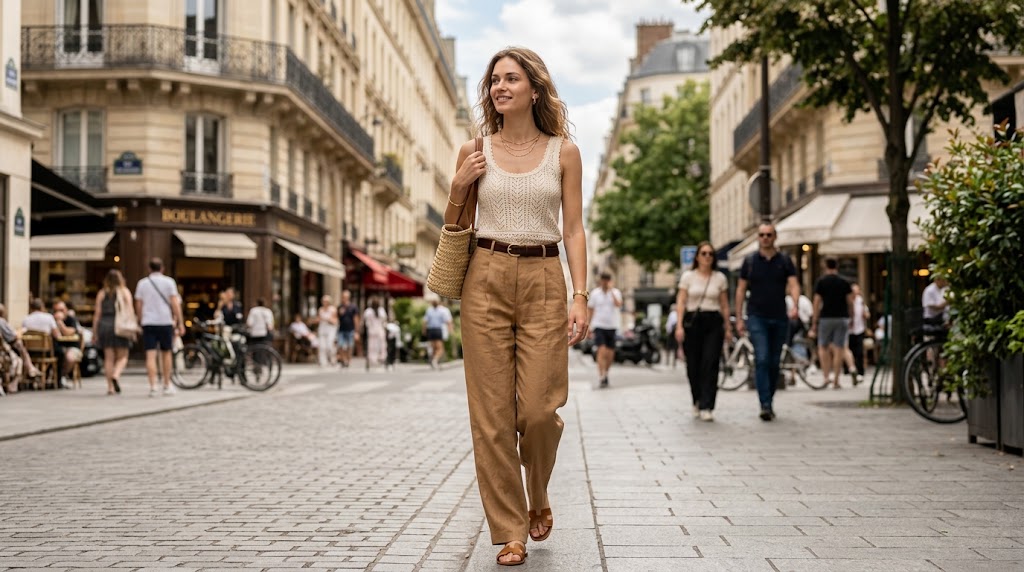 Crochet Knit Tank & High-Waisted Camel Trousers